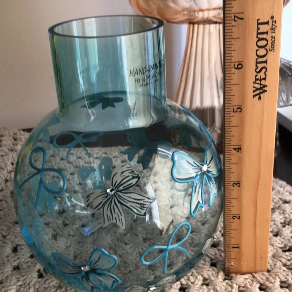 Cupcakes & Cashmere Blue Glass Vase with BOWS and Rhinestones Home Decor